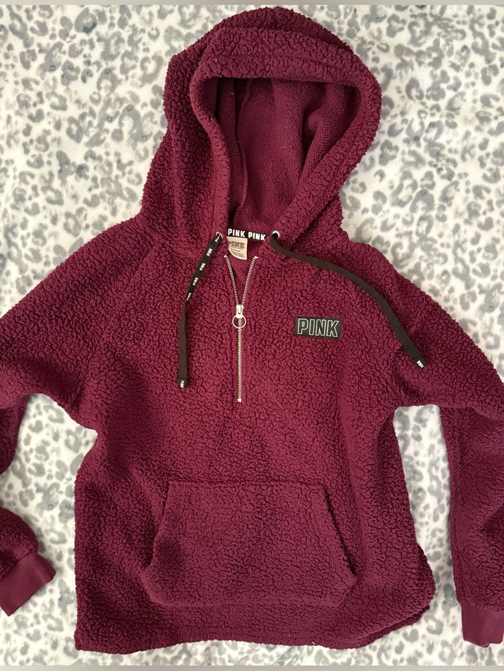 Victoria’s Secret PINK Sherpa Quarter-Zip Hoodie – Burgundy
